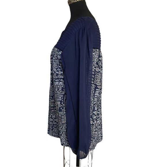 LUCKY Brand Flowy Pullover Shirt Sheer Navy Blue Sleeves And Bodice Size L - Picture 13 of 16